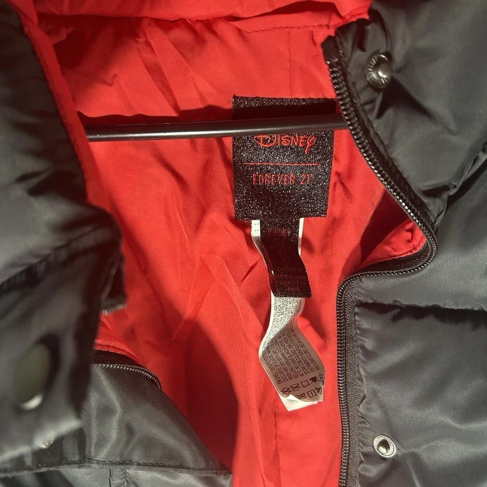 Disney Forever 21 Mickey Mouse Puffer Jacket Vest Black Red Hooded L